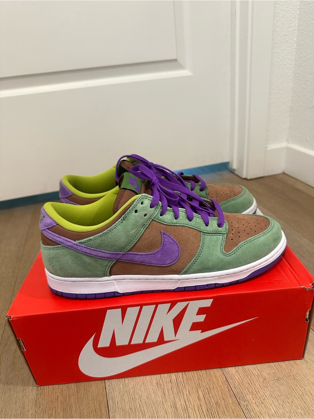 Nike Men’s Dunk Low — Green / Brown with Purple Swoosh
